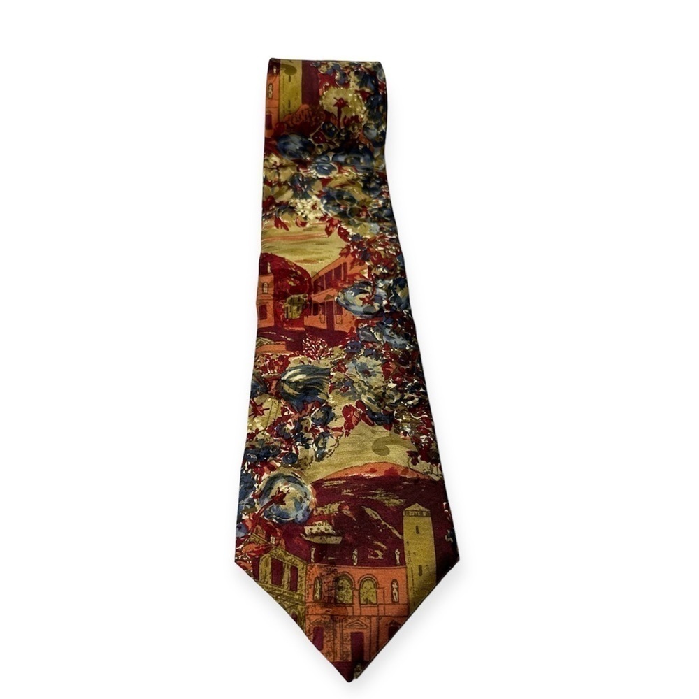 Halston III Floral Scenic Multi-Colored Tie 100% Italian Silk